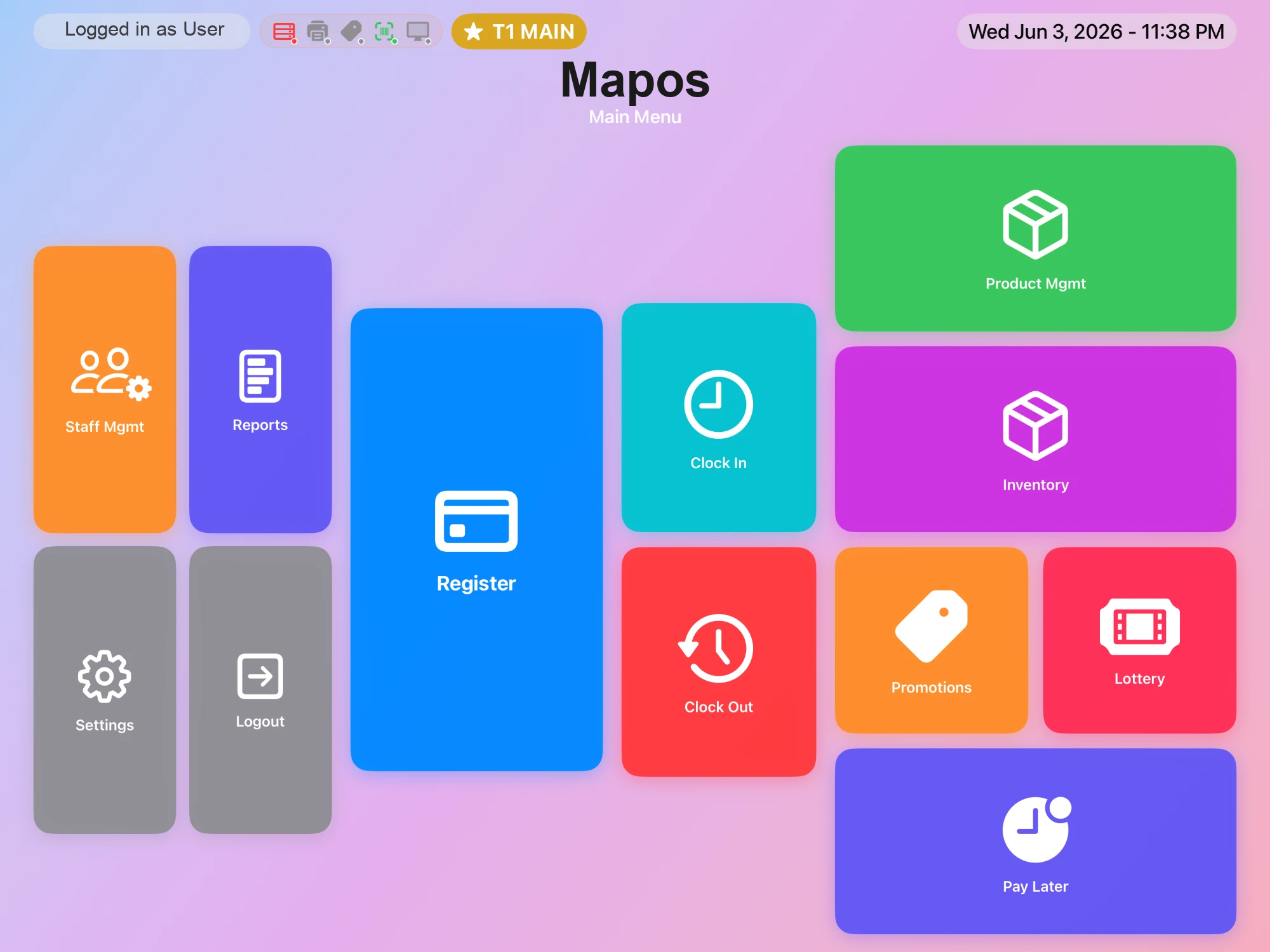 Mapos point-of-sale main menu running on iPad